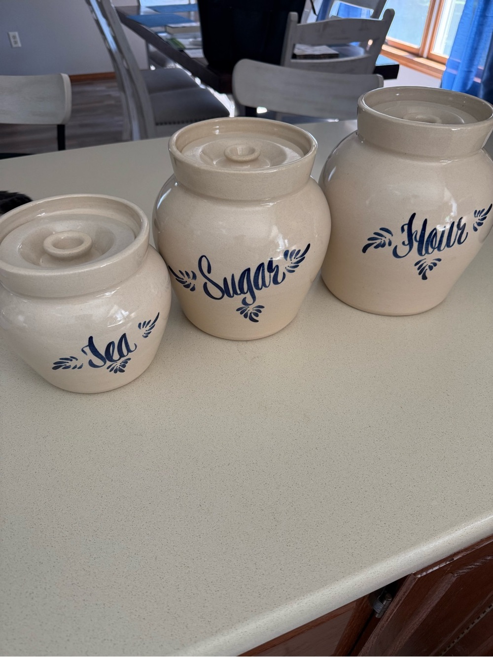 Yesteryear crock Canister set with Blue Lettering—vintage.